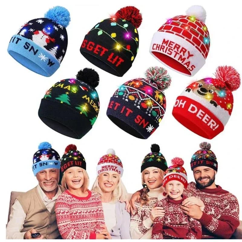 1Pc LED Christmas Knitted Hat Light Up Xmas Beanie Cap Unisex Winter Beanie Sweater Hat with Colorful LED for Christmas New Year