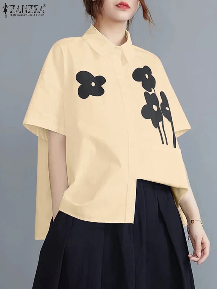 2025 ZANZEA Camicetta da donna a maniche corte con collo a bavero Camicia moda estiva Casual stampata Blusas Lavoro femminile OL Top Chemise oversize