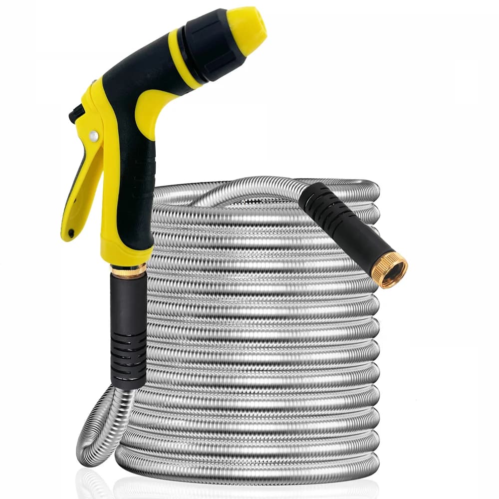 NUOVO Tubo da Giardino in Acciaio Inossidabile da 7,6 m, Tubo Acqua in Metallo per Patio, Esterni, Camper, Lavaggio Auto, con Pistola Irrigazione, Accessori per Giardinaggio