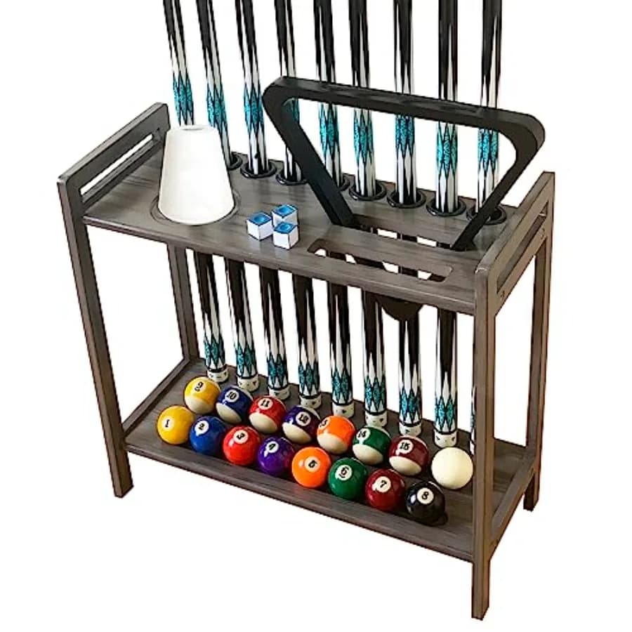 Supporto da terra per stecche da biliardo, porta 9 stecche, accessori, in legno, a 2 livelli, con porta palline, ganci e porta gessetti per coni da biliardo