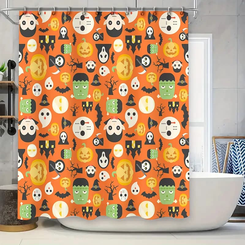 Tenda da doccia spettrale di Halloween Teschi arancioni Fantasmi Tessuto decorativo Copri vasca impermeabile Decorazioni per la casa Accessori da bagno artistici