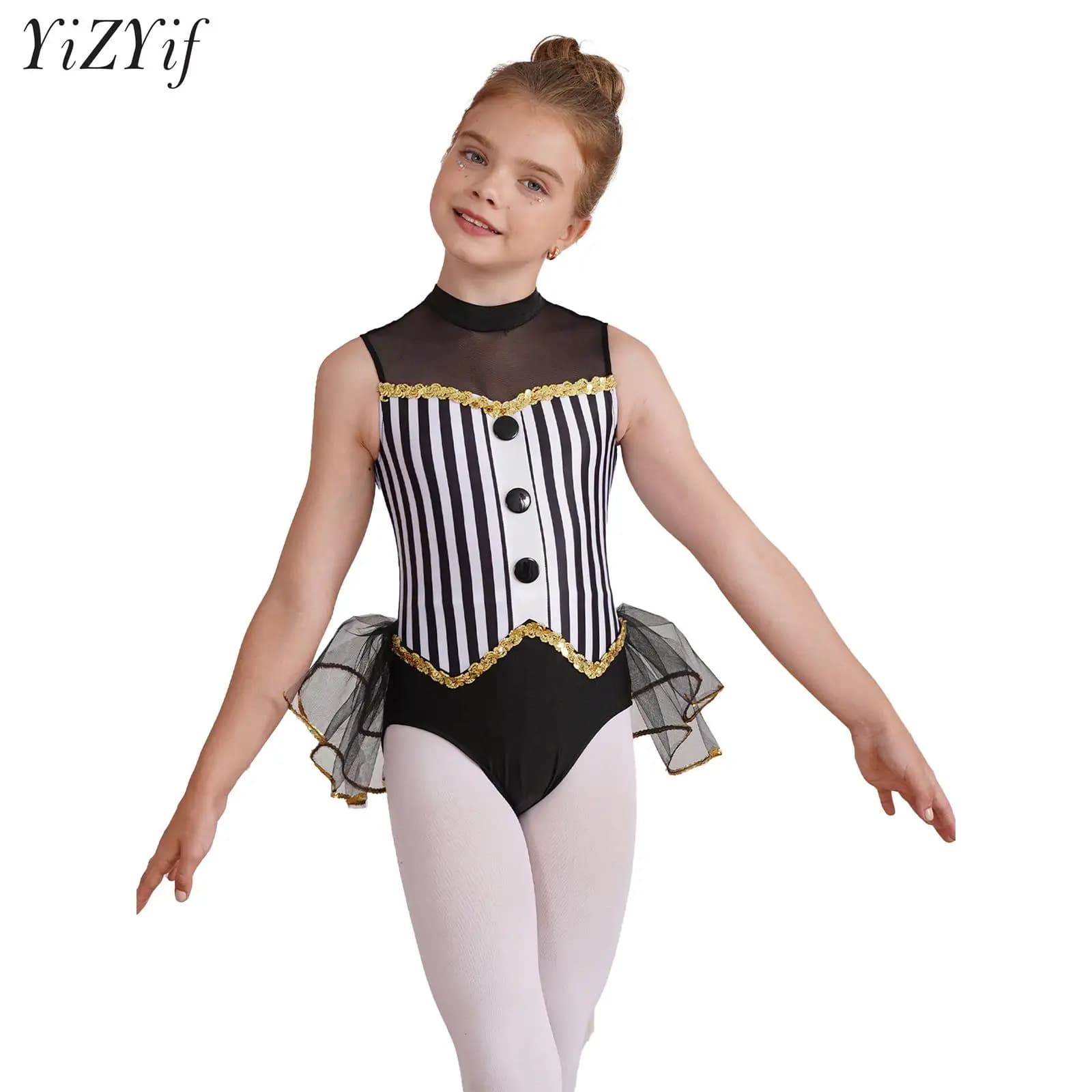 Body da ginnastica per bambina, costume da ballo per balletto, body a righe aperto sul retro, body con gonna in tulle, abiti da ballerina