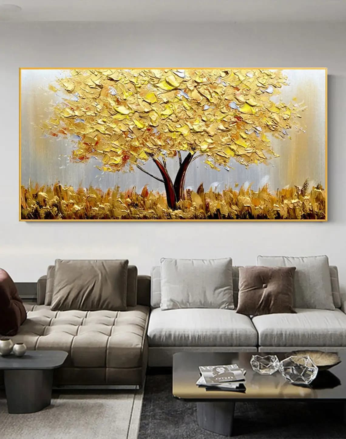 Blooming Gold Tree On Canvas Abstract Plant Floral Oil Painting Tree Landscape Wall Deco Large Wall Art Home Decor Gold Tree Art