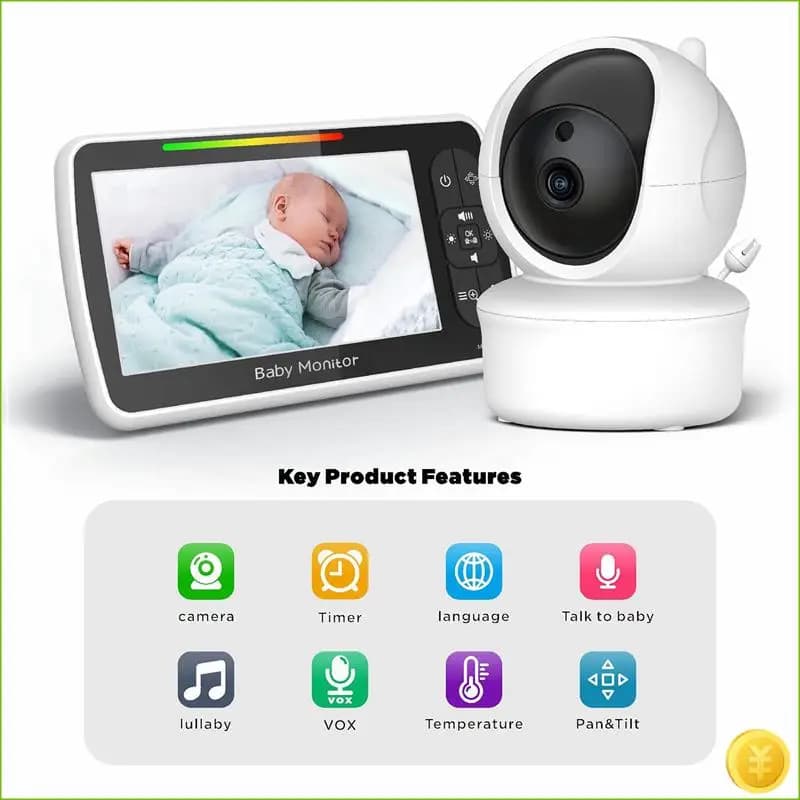 Baby monitor video per ninne nanne da 5 pollici con fotocamera e audio remoto Pan-Tilt-Zoom Sensore di temperatura audio bidirezionale Spina europea
