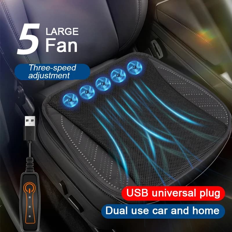 Cuscino Universale per Sedile Auto Estivo Rinfrescante con 5 Ventole USB, Traspirante a Ventilazione Rapida, Coprisedile Refrigerante per Auto