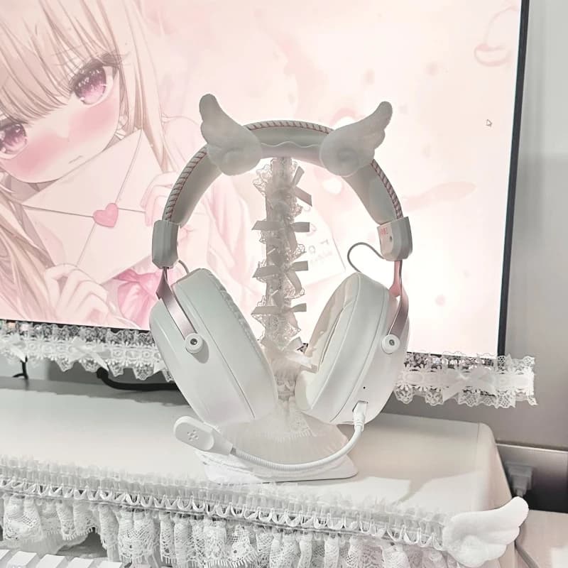 Supporto per Cuffie a Forma di Ali d'Angelo, Fatto a Mano, Personalizzabile, Supporto in Pizzo per Cuffie, Organizzatore da Scrivania, Accessori per Giochi