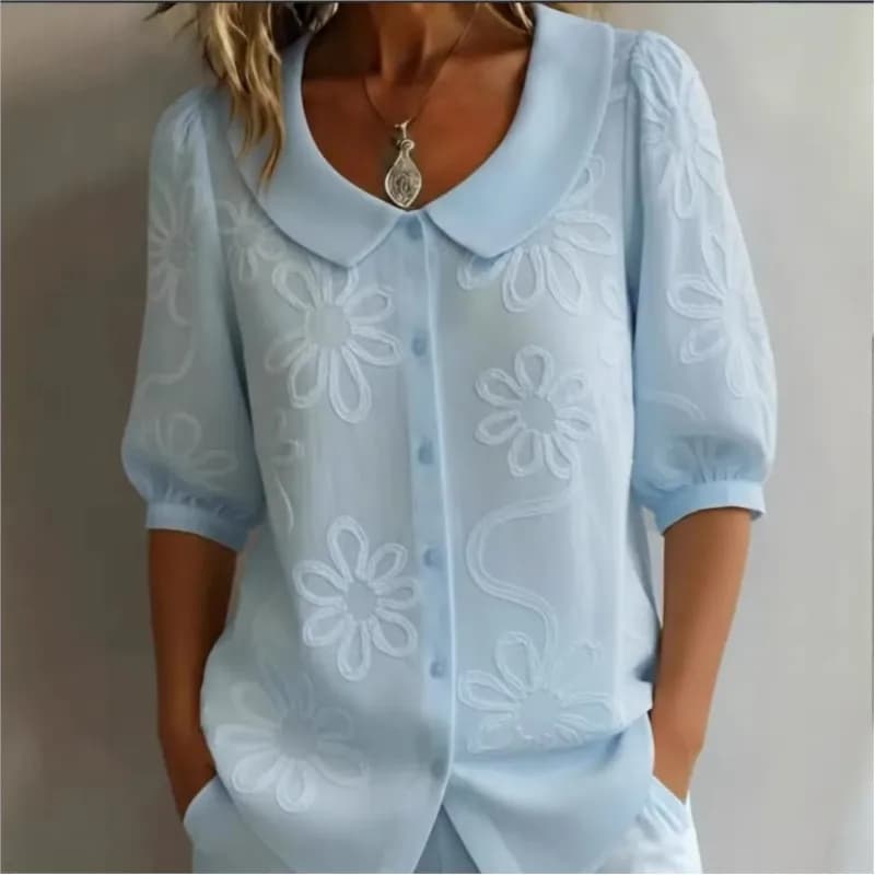 Camicie eleganti con stampa floreale per donna, colletto rovesciato, bluse a mezza manica, camicie estive da donna, top da ufficio.