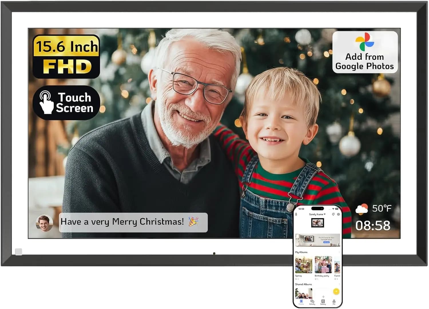 Portafoto digitale touchscreen da 15,6' 64 GB, WiFi FHD IPS, condivisione di foto e app di Google, nero