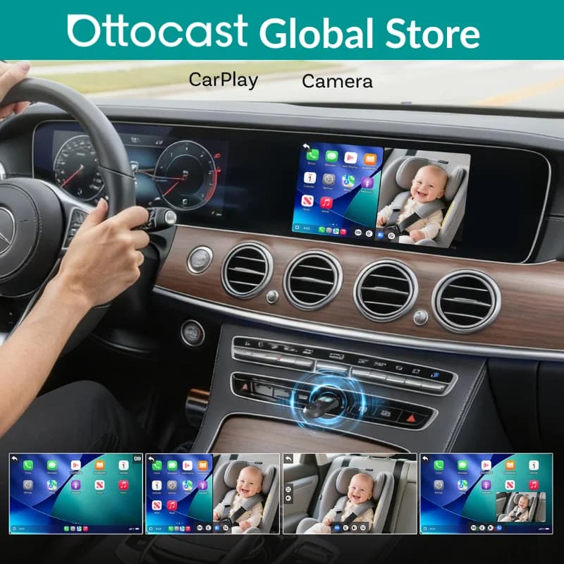 Adattatore Wireless CarPlay OTTOCAST Cabin Care con Telecamera per Bambini 1080P HD 150° ° Monitor per Sedile Posteriore con Visione Notturna ad Ampio Angolo e Visualizzazione in Tempo Reale