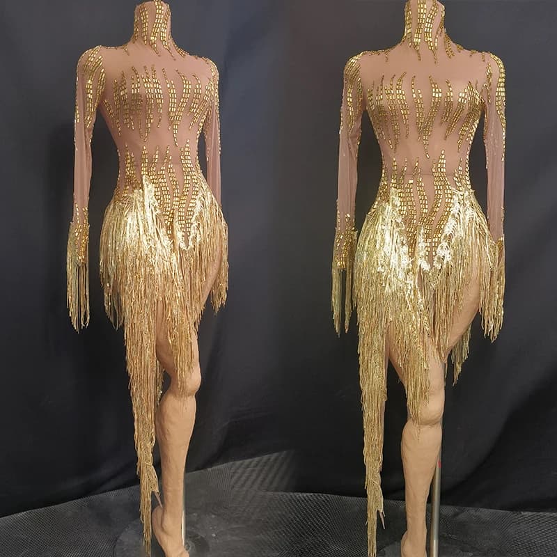 Abiti sexy con frange dorate Abito da prestazione a maniche lunghe con strass Discoteca Bar Party Rave Abbigliamento Dancehall Queen Outfit 4637
