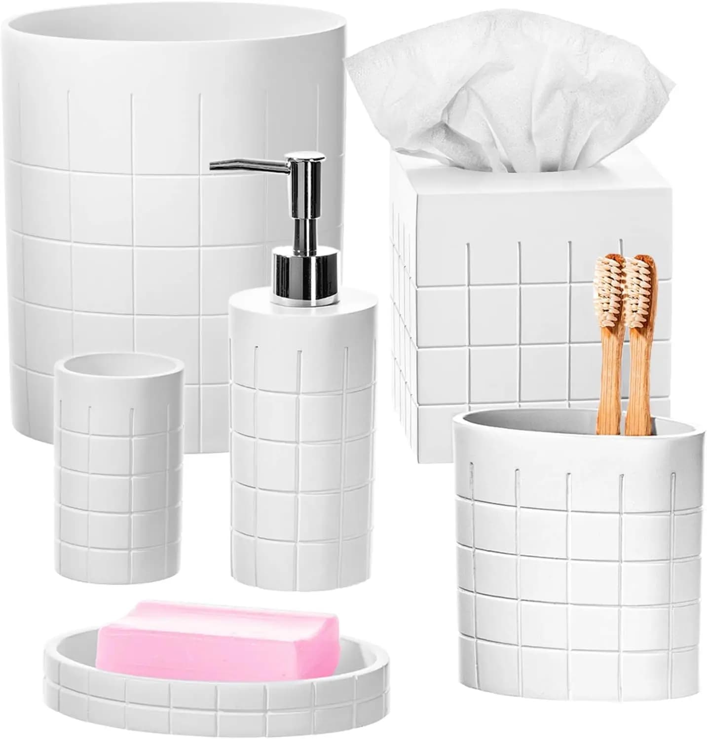 Set da bagno bianco polare da 6 pezzi con pattumiera, dispenser di sapone, portaspazzolino, copri fazzoletti, bicchiere e portasapone