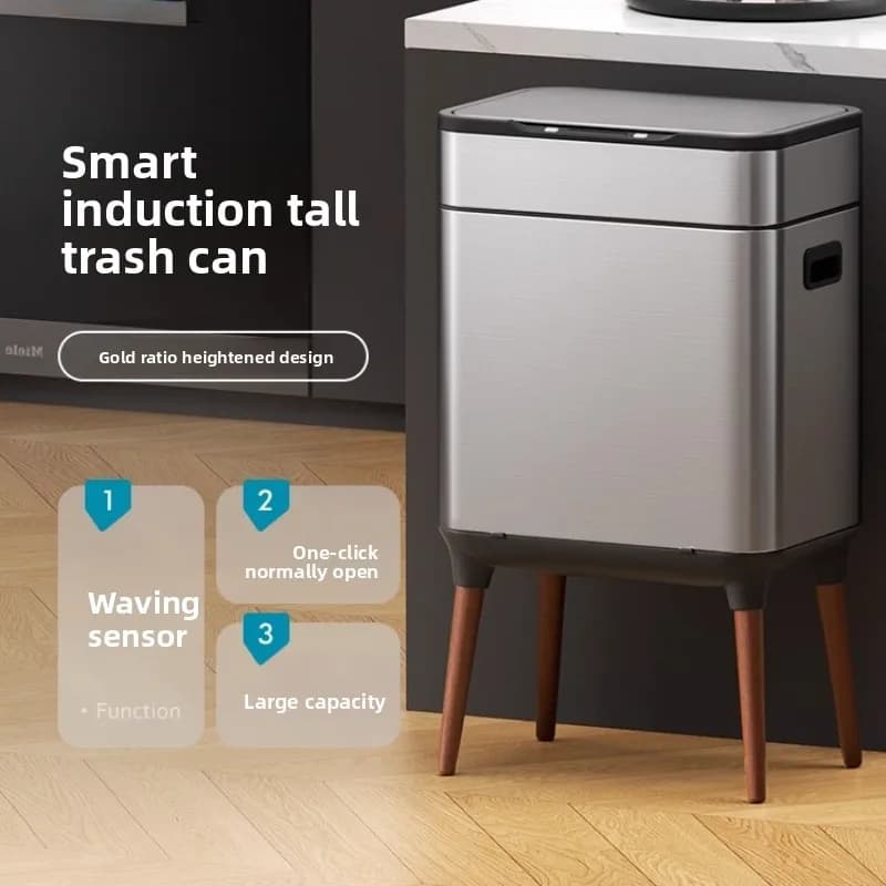 Bidone della spazzatura alto in acciaio inossidabile con sensore intelligente, bidone della spazzatura coperto per camera da letto, per la cucina