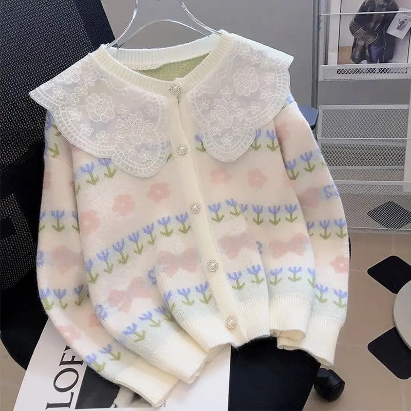 2025 Autumn and Winter Fashion New Women's Elegant Printed Doll Neck Sweet Wind Sweater Design Versatile Cashmere Cardigan