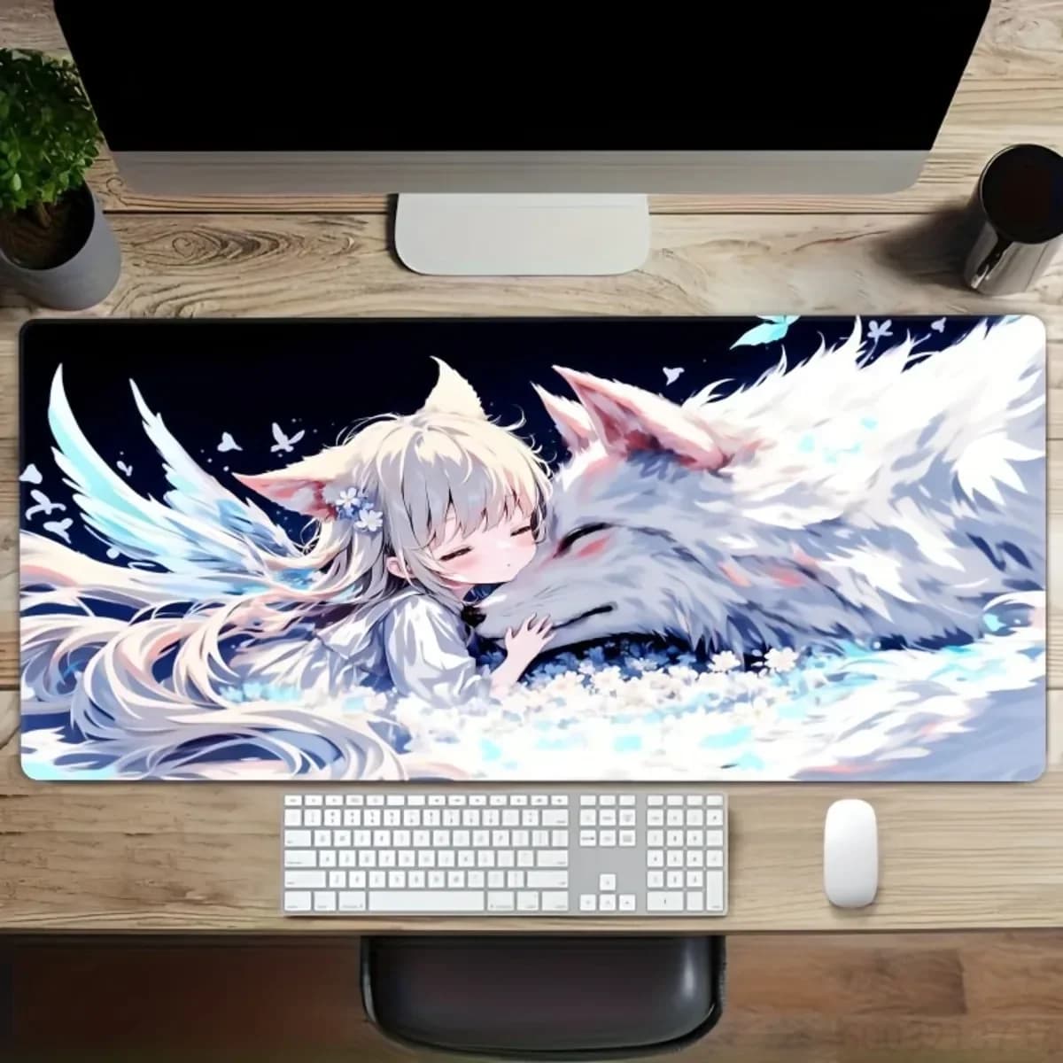 Rubber Smooth Surface Gaming Mouse Pad Anime Girl & Wolf Non-Slip Base Washable Oblong Desk Mat for Office