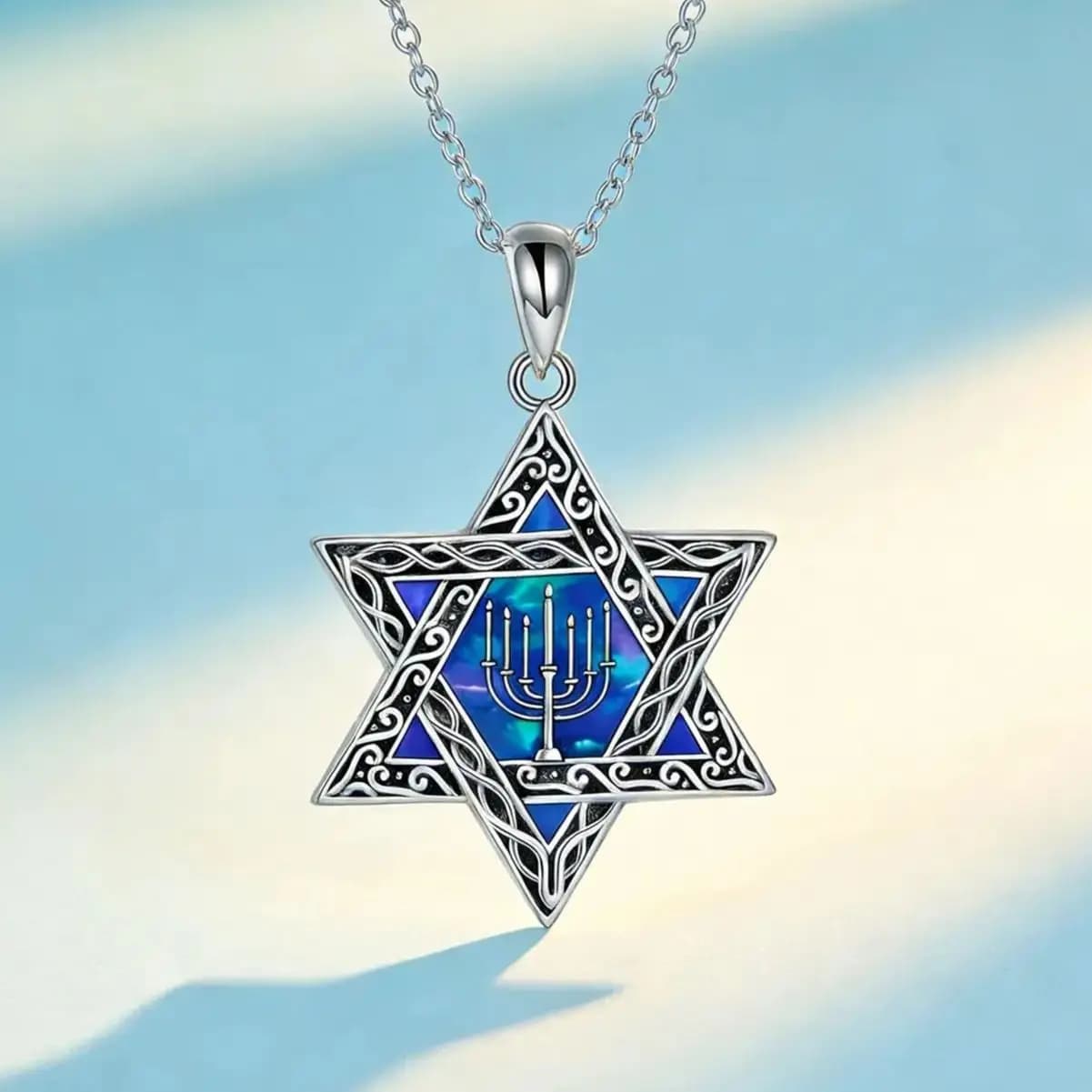 Gioielli Spirituali di Tendenza per Donne, Collana con Pendente Stella di David in Opale Blu Fuoco e Menorah, Regali Arcani Religiosi Ebraici