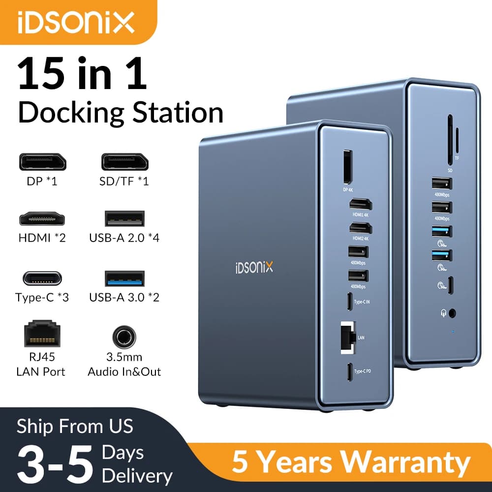 iDsonix Hub USB 3.0 Tipo C 15 in 1, Docking Station Multiporta con HDMI 4K@60Hz, PD100W, Ethernet Gigabit, Lettore di Schede SD/TF