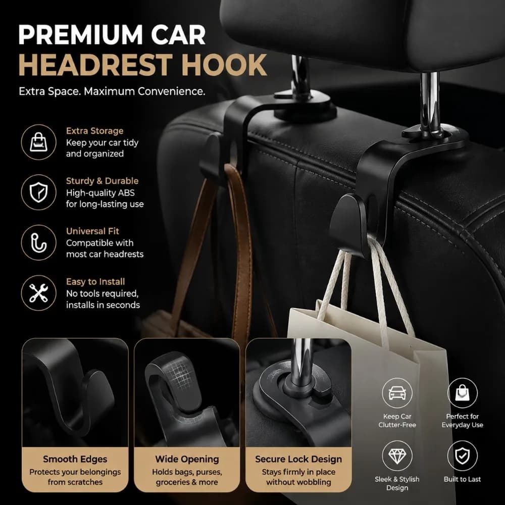 4 Pack Universal Car Headrest Hooks Heavy Duty Purse Bag Clothes Hanger Storage Organizer Auto Interior Accessories