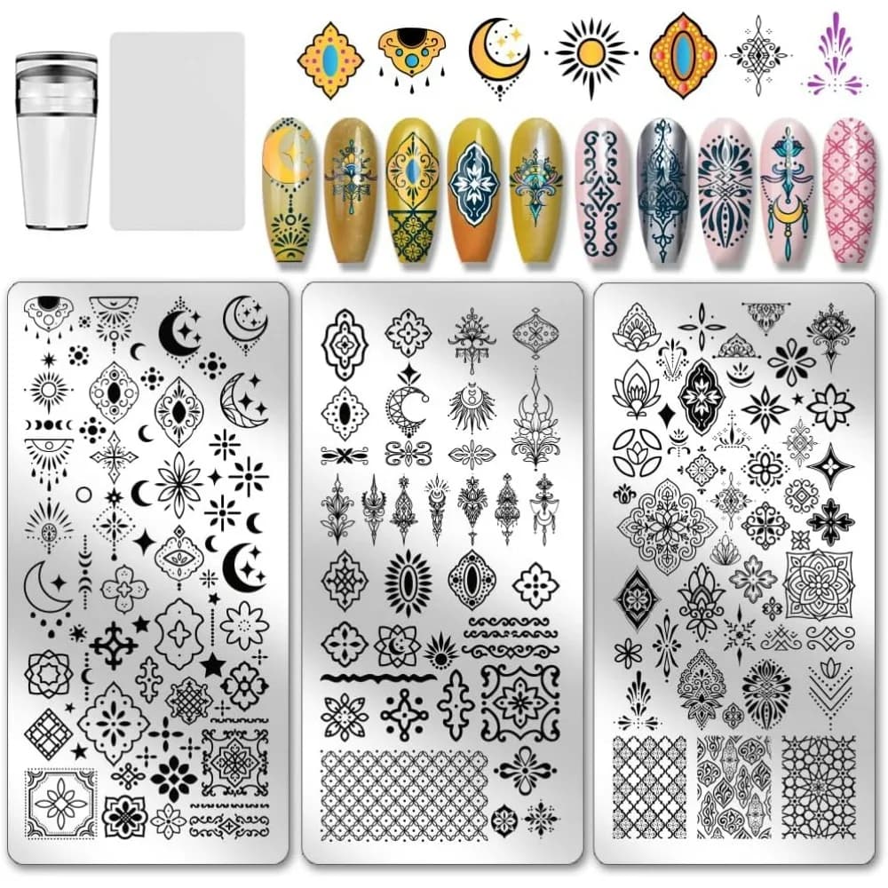 Set di 3 Piastre Vintage per Stamping Unghie con Motivi Etnici, Stencil per Nail Art, Modelli per Manicure con Immagini di Luna e Stelle