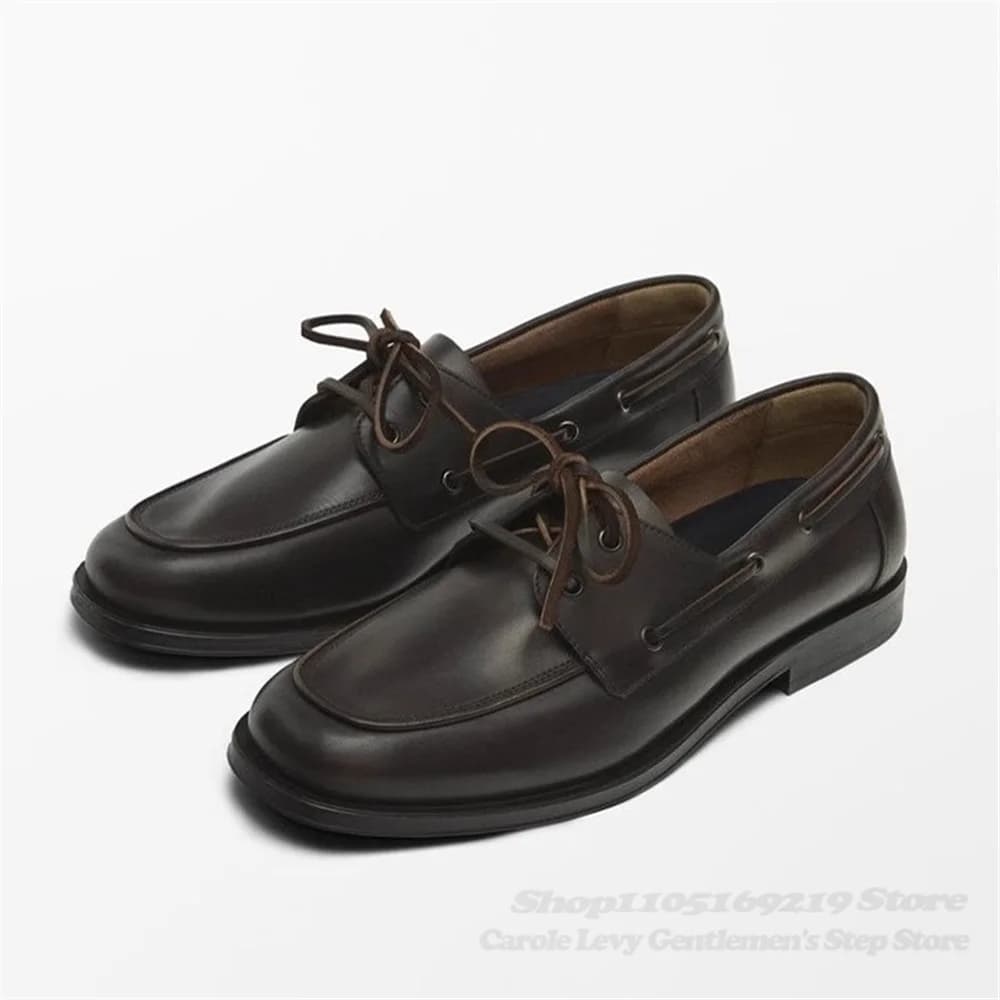 Mocassini in pelle di vacchetta marrone Autunno Nuovo stile britannico Punta tonda Stringate piatte Casual Cucito Scarpe classiche in pelle di lusso da lavoro