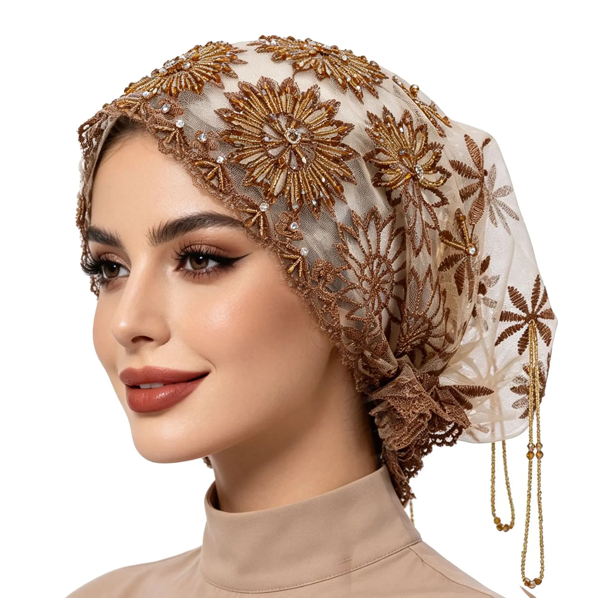 Cappelli Hijab da Donna Musulmani Eleganti con Perline e Nappe, Cappello Africano con Diamanti in Tessuto Morbido, Facili da Indossare per Interni ed Esterni, Berretti Khaki e Neri