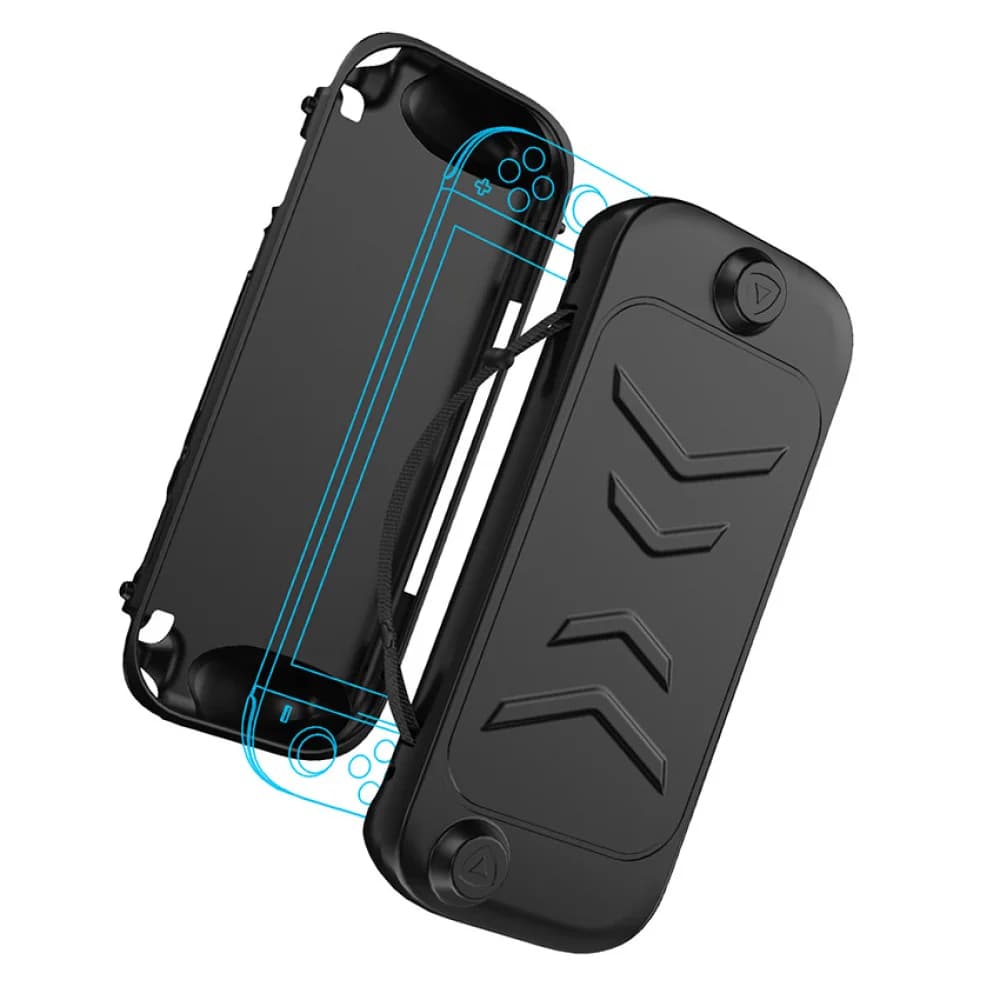 Custodia protettiva in TPU nero antigoccia con custodia per gamepad rimovibile con cavalletto per accessori Switch2