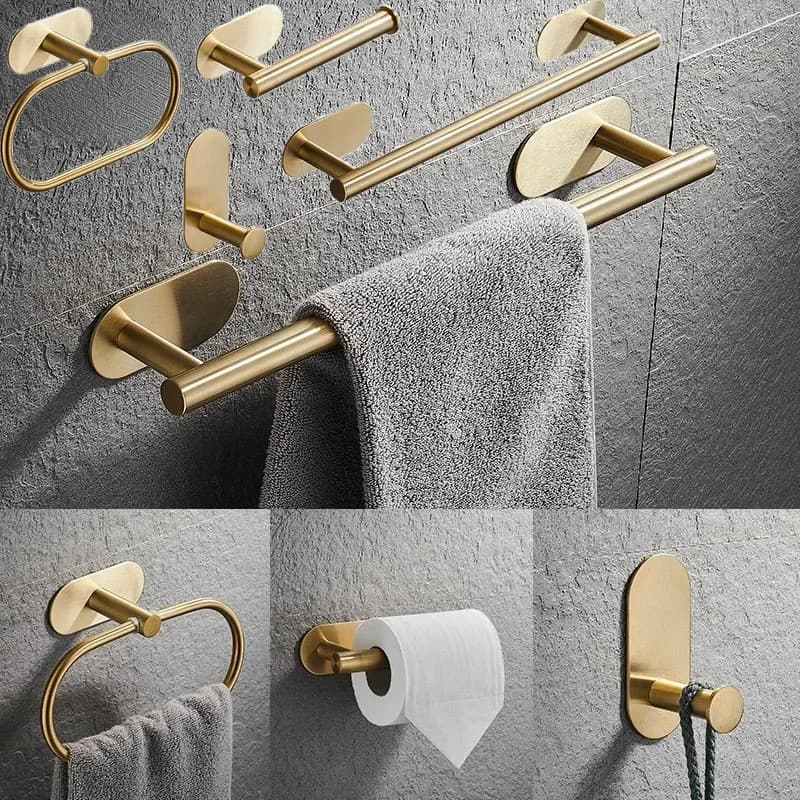 Set di accessori da bagno autoadesivi, portasciugamani in oro e argento, anello per binario, accappatoio, gancio per vestiti, portarotolo di carta igienica