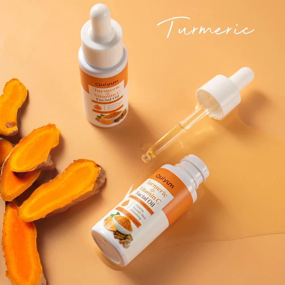 QUIYUM Olio Essenziale Viso 30ml con Vitamina C e Curcuma, Olio Idratante Antiossidante per Pelle Spenta, Cura della Pelle Nutriente ad Assorbimento Rapido