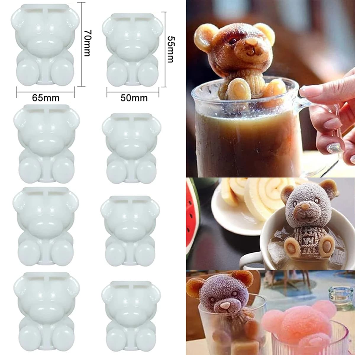 1~6Pcs Ice Bear Mold 3D Bear Shape Ice Cube Molds, DIY Drink Decoration to Make Lovely Ice Coffee, Milk Tea, Juice, Cocktails