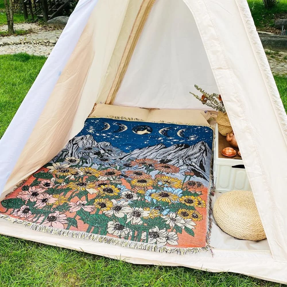 Coperta Celestial Sunflower, coperta con nappe intrecciate per uso domestico ed esterno, coperta da campeggio, leggera e pieghevole 130x160 cm