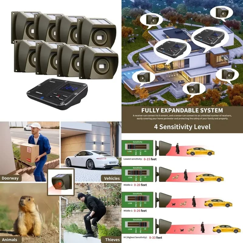 Outdoor Solar - Powered Wireless Driveway Alarm System With PIR Motion Sensor For Home And Farm Security 1 Receiver 8 Sensors