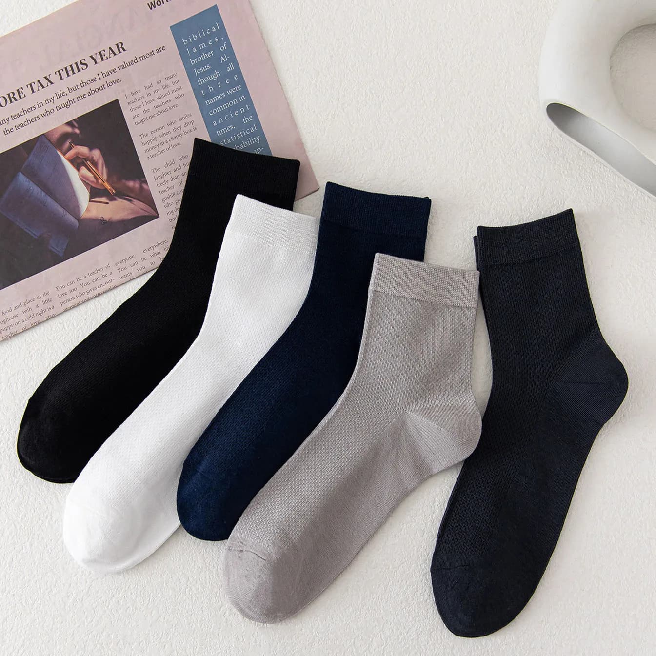 5 Pairs Men's Socks Summer Bamboo Fibermidtube Socks Antibacterial Deodorant Breathable Sweat Absorbent Black Solid Color Socks