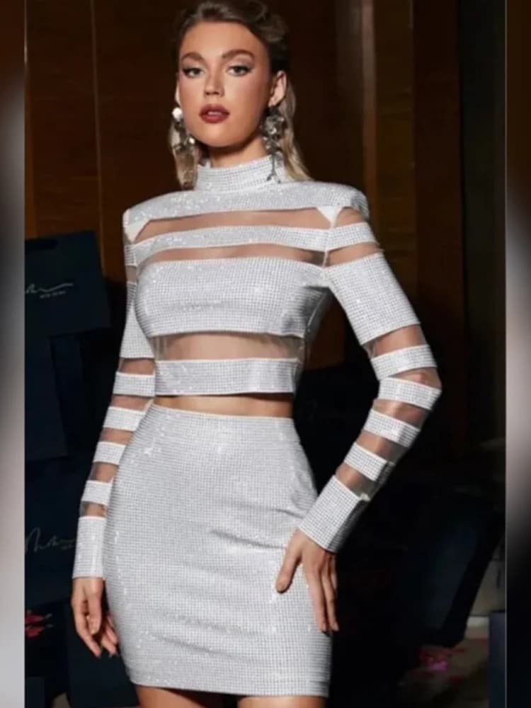 Sexy Two Piece Mesh Panel Bandage Set – Long Sleeve Crop Top & Mini Skirt Birthday Party Bachelorette Outfit