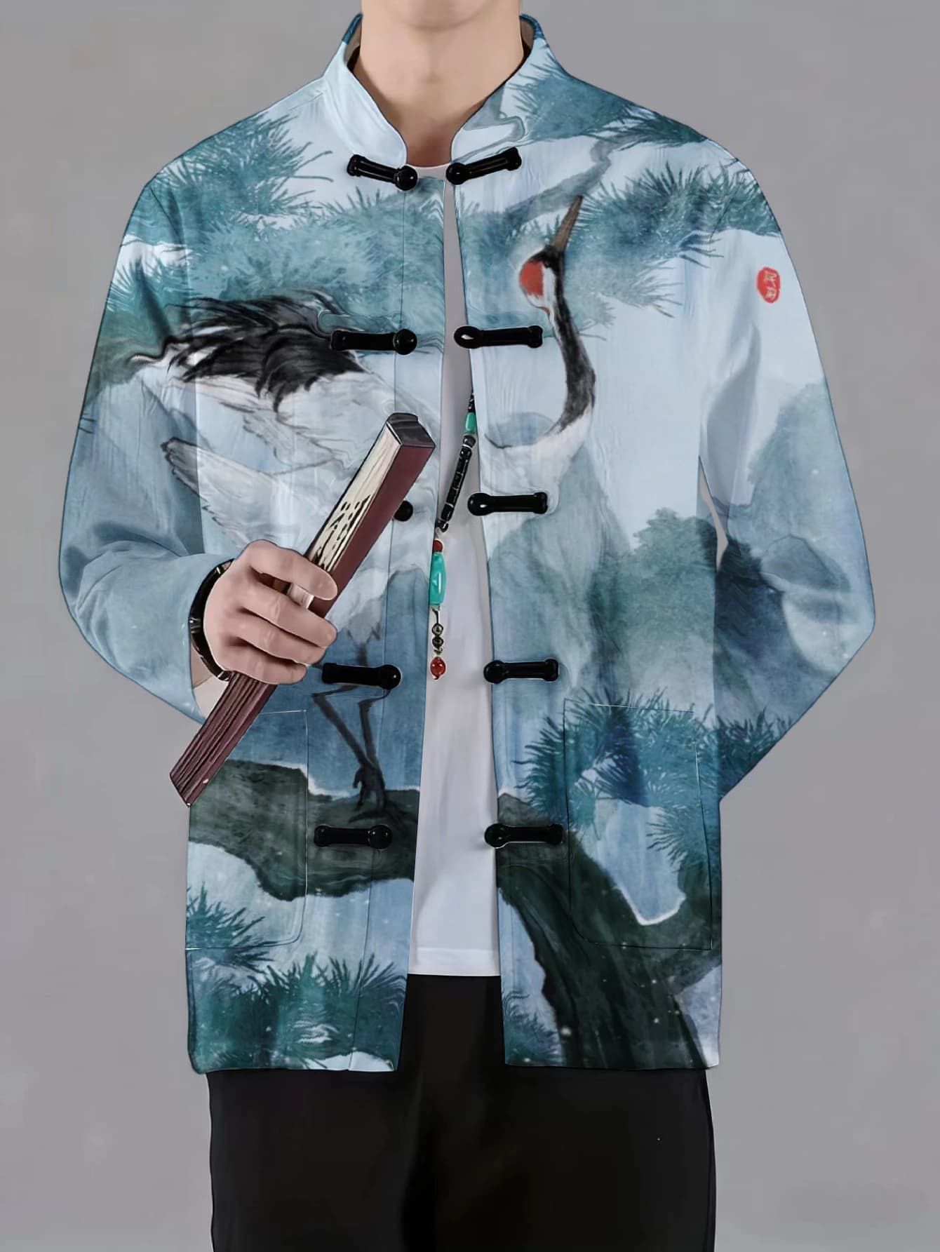 Men Mandarin Collar Frog Button Long Sleeve Jacket Chinese Ink Wash Art Print Oriental Casual Outerwear With Side Pockets