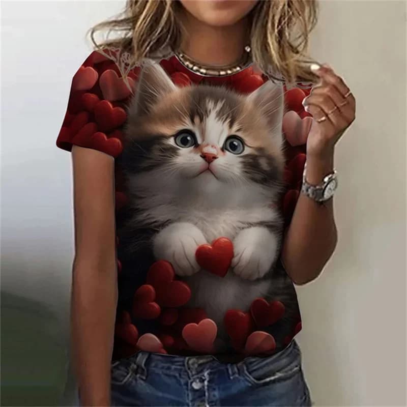 T-shirt da donna di moda stampata in 3D modello gatto Kawaii a maniche corte girocollo Top estate Outdoor Casual Street abbigliamento semplice