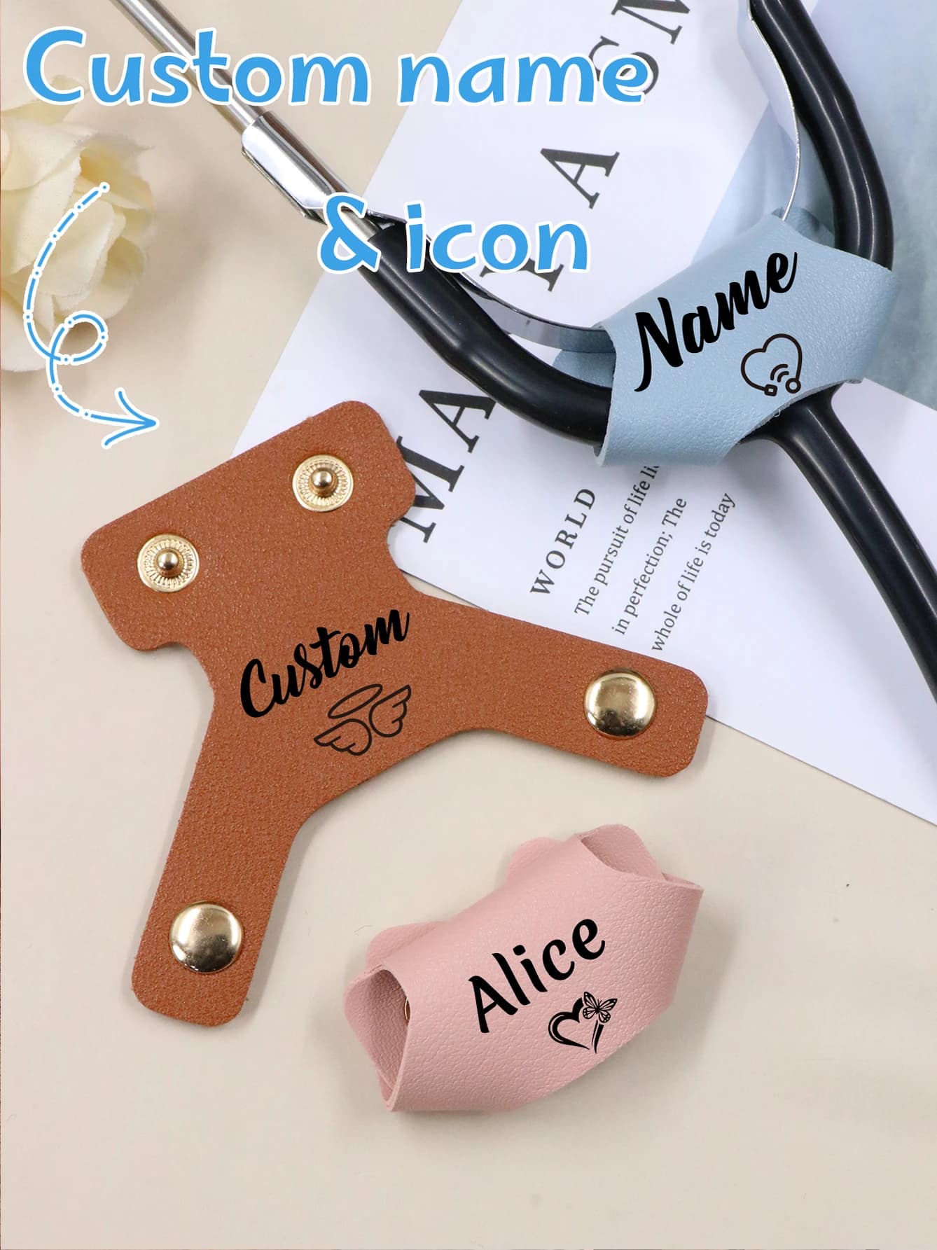 Custom Leather Stethoscope Door, Stethoscope Strap with Custom Name and Icon, Custom Gift for Doctors/ Nurses