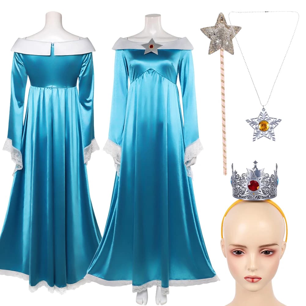 Costume Cosplay Rosalina Abito Blu Corona Collana Bacchetta Accessori Outfit Uniforme Gioco Film 2026 Abiti Halloween Carnevale