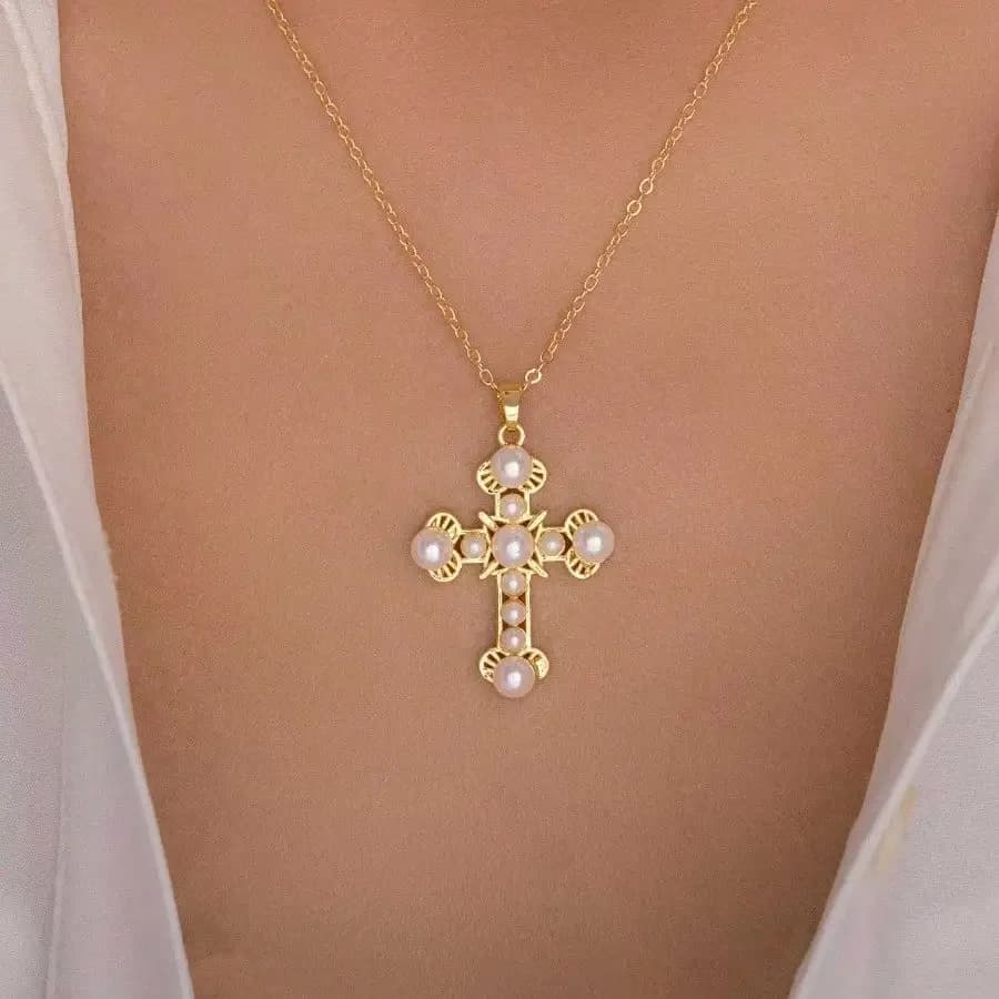 Collana con Ciondolo a Croce Vintage Francese con Perle - Catena da Maglione di Lusso Ispirata per Donna, Gioiello Delicato e Distintivo