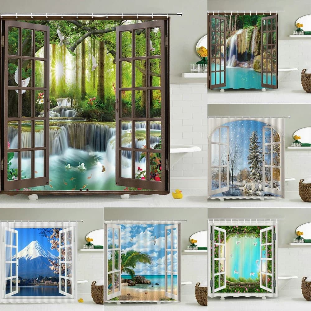 Tenda da Doccia con Stampa 3D di Paesaggio Naturale, Impermeabile in Poliestere, Motivo Cascata, Spiaggia e Montagna per Bagno