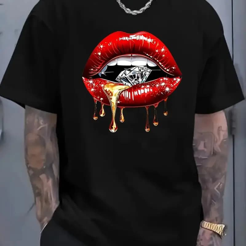 T-shirt da uomo in cotone nero con stampa di labbra rosse e diamanti, casual estiva