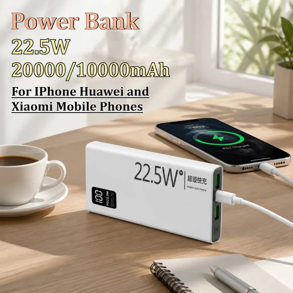 22.5W Fast Charging Power Bank 20000mAh Large Capacity Portable External Battery Charger for iPhone Huawei Xiaomi Smartphones