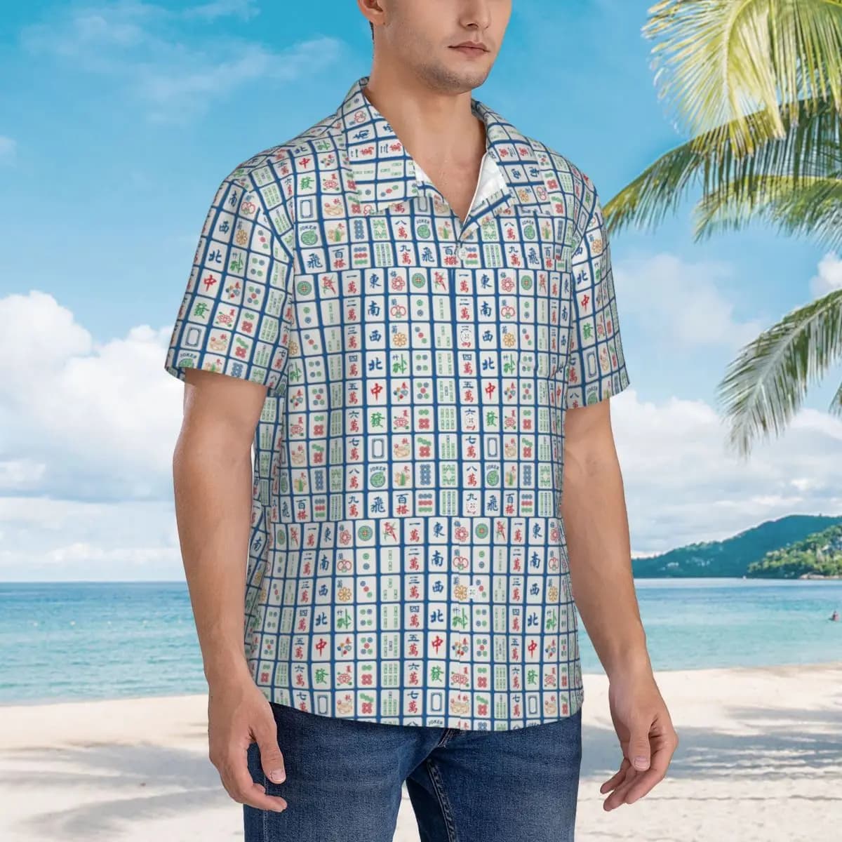 Piastrelle Mahjong su camicie hawaiane blu Camicia a maniche corte da uomo divertente per top con risvolto da uomo da spiaggia estiva
