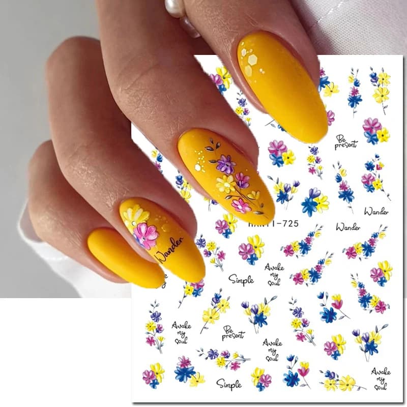 3d Nail Art Decals Summer Nuance Florals Yellow Blue Pink Flowers Adhesive Sliders Nail Stickers Decoration For Manicure