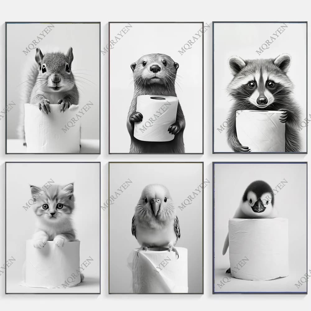 Black White Animals Holding Paper Rolls Funny Bathroom Poster Otter Owl Cat Dog Canvas Painting Wall Art Toilet Room Home Decor