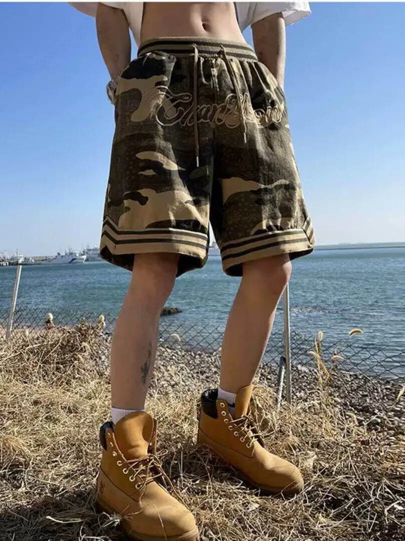 Camouflage Shorts Men's Summer American Retro Letter Embroidery Sports Loose Straight Casual Five-Point Pants