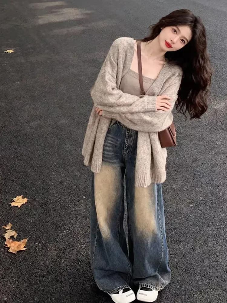 Casual Knitted Spring Autumn Set Women's Lazy Artistic Style Age-Defying Denim High Waist Slimming Jeans Three-Piece Suit