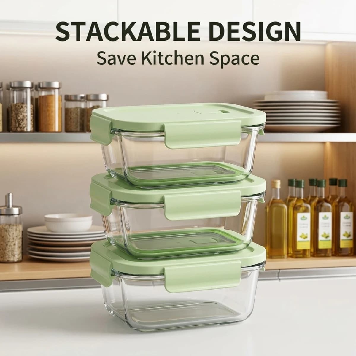 Contenitore per Pranzo in Vetro Verde Senza BPA, Adatto per Microonde e Frigorifero, Ermetico, Set da 2, Contenitore Resistente al Calore per Alimenti