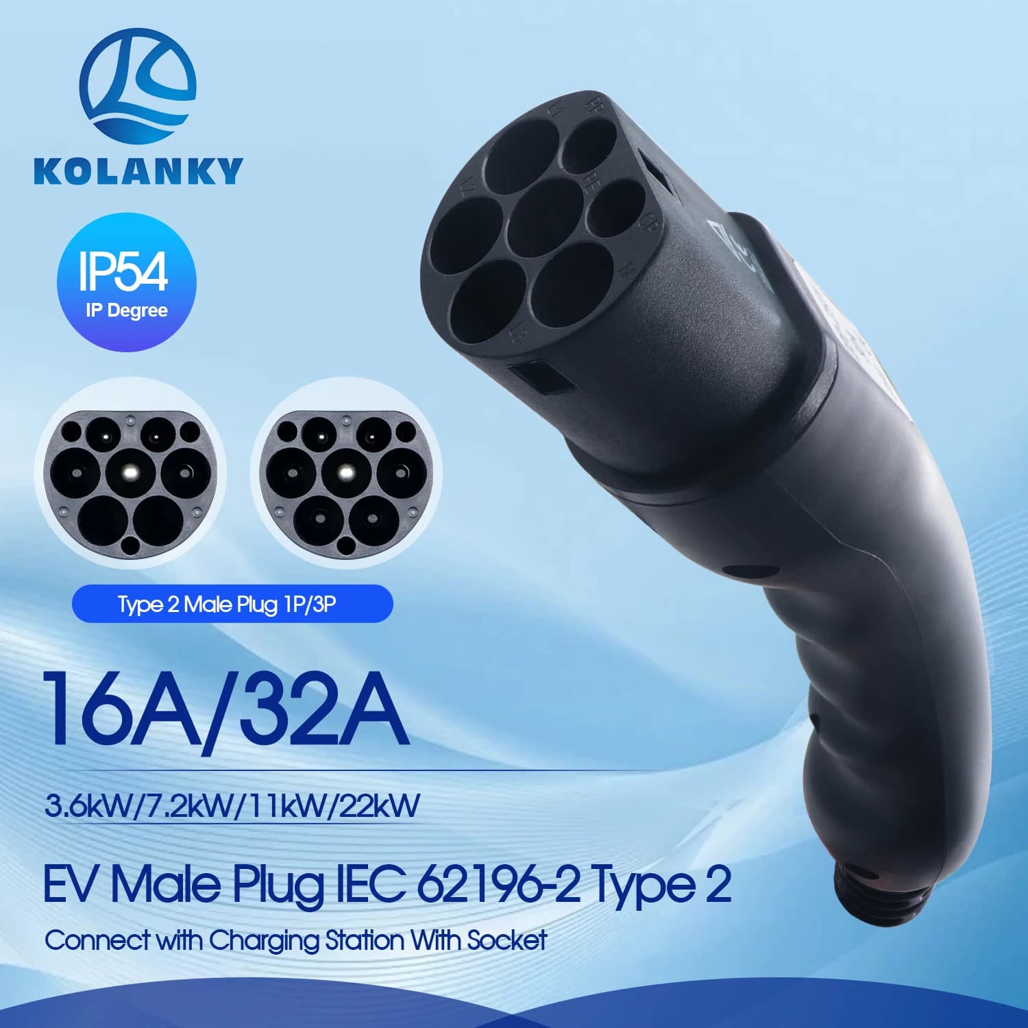 Connettore EV Kolanky Tipo 2 Maschio 1P/3Fase, Testa di Ricarica 16A/32A IEC 62196-2, Connettore per Caricabatterie EV, Collegamento a Stazione di Ricarica EV