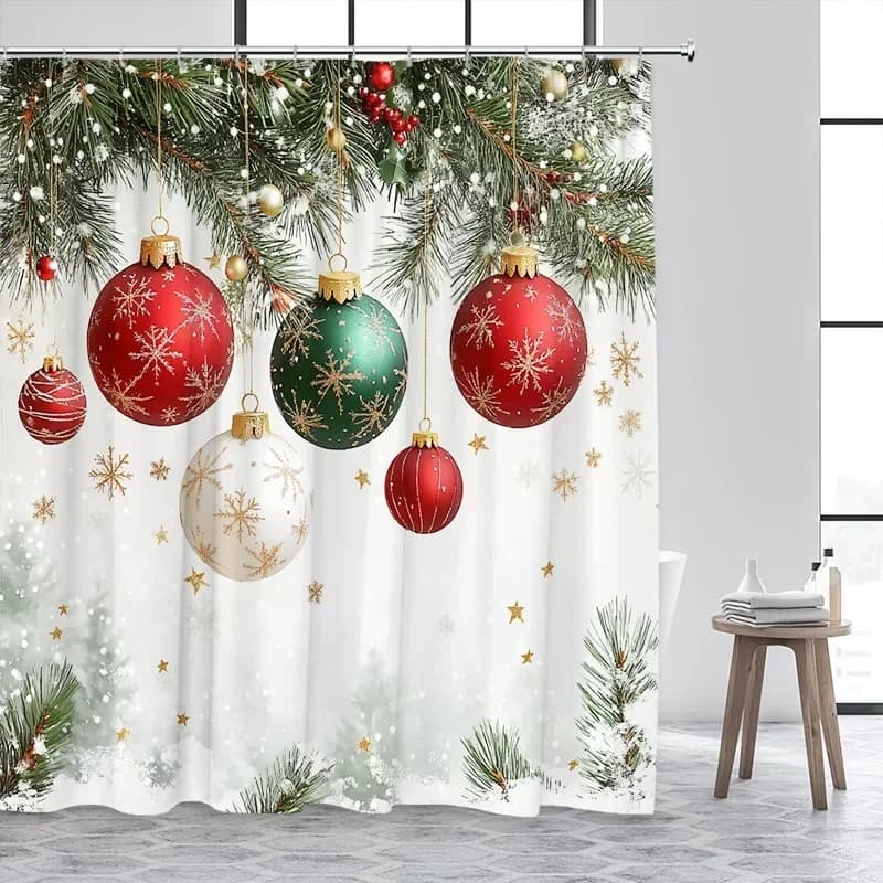 Palline di Natale Tenda da doccia Pino verde Boughs Stelle dorate Fiocchi di neve Capodanno Tenda da bagno di Natale Decorazioni per il bagno di casa con ganci