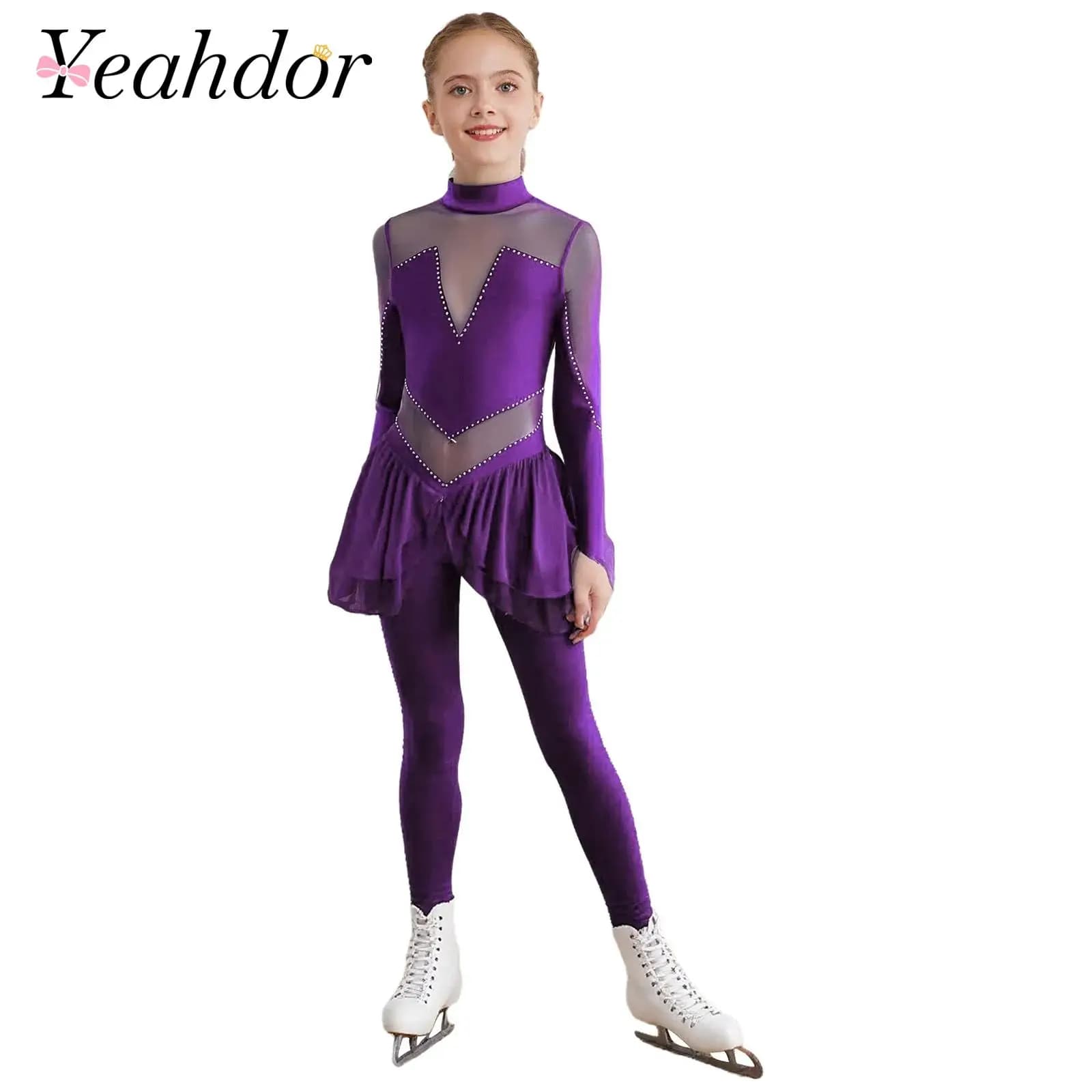 Tuta per bambini Ragazze Pattinaggio di figura Tuta a rete Ginnastica artistica per bambini Body Strass Body Acrobazia Costume