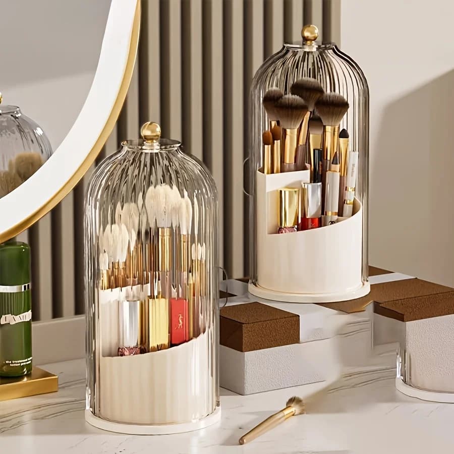 5-Piece Set, 360-Degree Rotating Dust-Proof Beauty Storage Rack with Transparent Vertical Striped Top Cover, Multi-Compartment Cosmetic Storage Box, Includes 1 Vertical Striped Transparent Small Storage Box and 3 Small Jewelry Boxes, Waterproof Bathroom Accessories Vanity Makeup Brush Storage Holder, Suitable for Makeup Brushes, Lipsticks, Skincare Products, Jewelry, Can Store Items on Bathroom Countertops, Vanity Tables, and Desktops